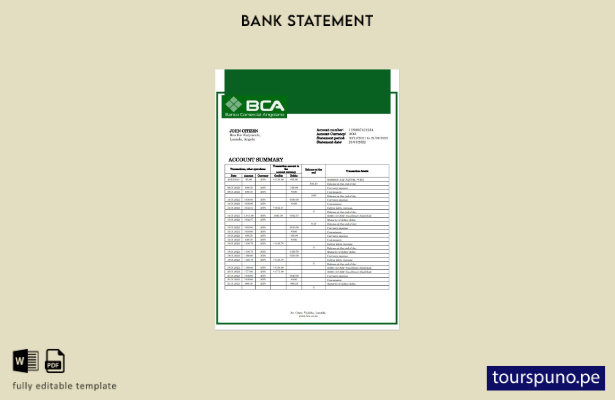 listo para imprimir plantilla de extracto bancario del Banco Comercial Angolano 